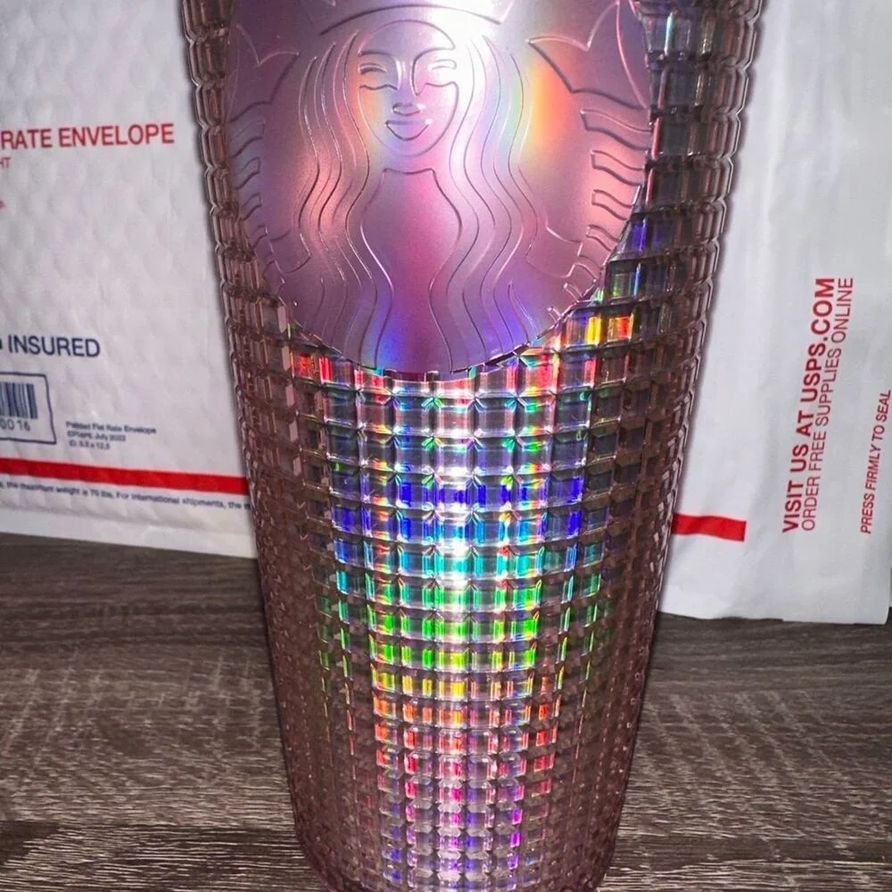 Starbucks Iridescent Pink Silver Bubblegum Grid Cold Cup‎ Tumbler